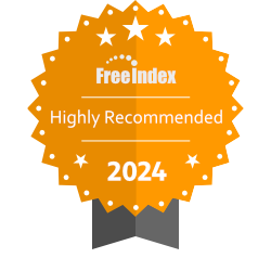 Freeindex highly recommended badge with a golden hue and five stars, signifying excellence in Pay Monthly Websites Lincolnshire in 2024.